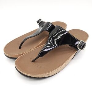 FitFlop Womens 9 Flip Flop Sandals Thong Cork Wedge Black Patent Leather Slip On